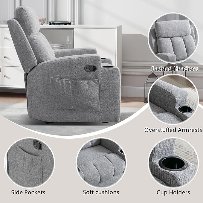 CANMOV Manual Massage Heat Recliner Chair Set of 2Soft Fabric Recliner Chair with Overstuffed Arm and Back Manual Reclining Single Sofa with 2 Cup Holders Side Pocket for Living RoomLight Grey