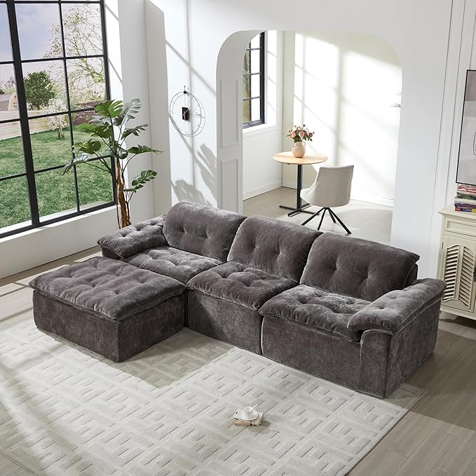 118” Cloud Sectional Couch Deep Seat Boneless Sofa for Living Room with L-Shaped Chaise Comfy Chenille Modular Sectional Sofa Made of Memory Foam No Assembly Required (Grey)