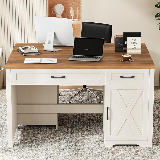 Vabches Farmhouse 47 Executive DeskComputer Desk with Drawers and Storage Cabinet Home Office Desk for Work and Study.