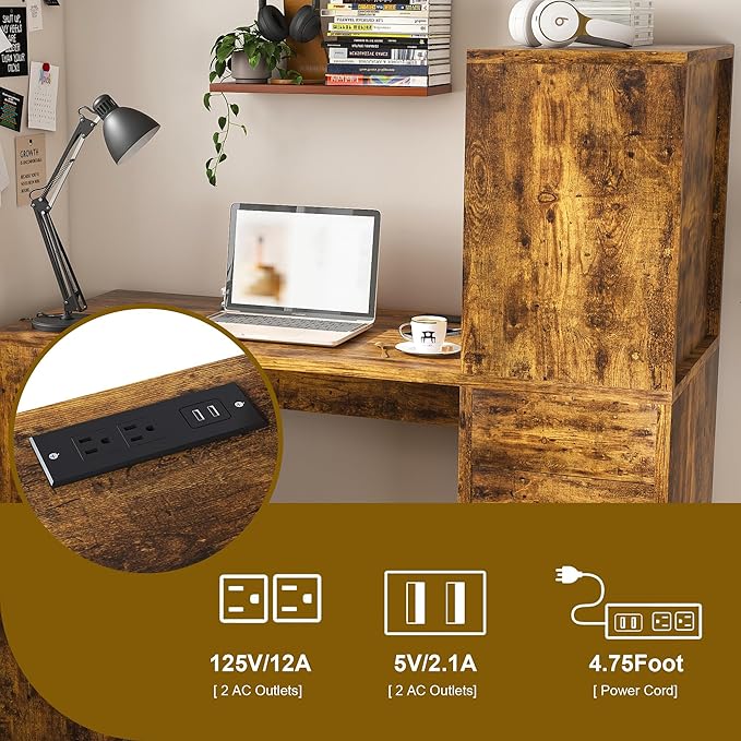L Shaped Desk with Power Outlets &amp LED Lights Computer Desk with Drawers &amp Bookshelf Modern Corner Desk for Home Office Study Gaming Table Writing Workstation (Brown)