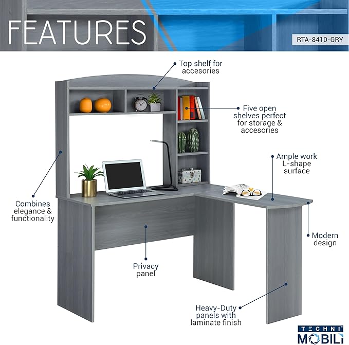 Techni Mobili Modern Hutch L-Shaped Computer Desk Grey
