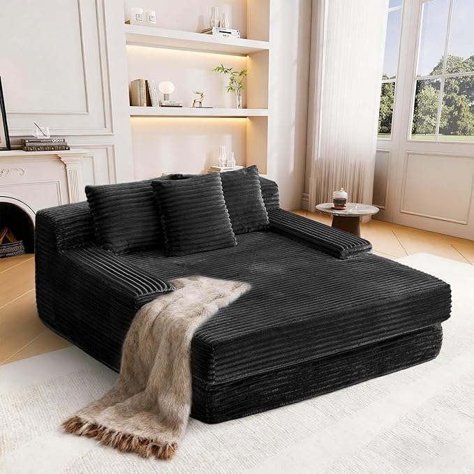 67 Oversized Chaise Lounge Indoor Corduroy Upholstered Sofa Bed Boneless Deep Seat Sleeper Couch Cloud Reading Chair for Living Room Apartment No Assembly Required(Black) (Black)