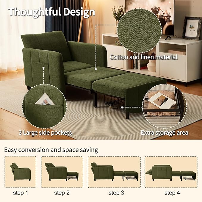 Sleeper Chair 84 Extra Long Convertible Chair Bed Upgraded 3-in-1 to 4-in-1 Pull Out Chair &amp Single Sofa Bed for Adult Sleeping Chair for Living Room Small Space (Modern Green)