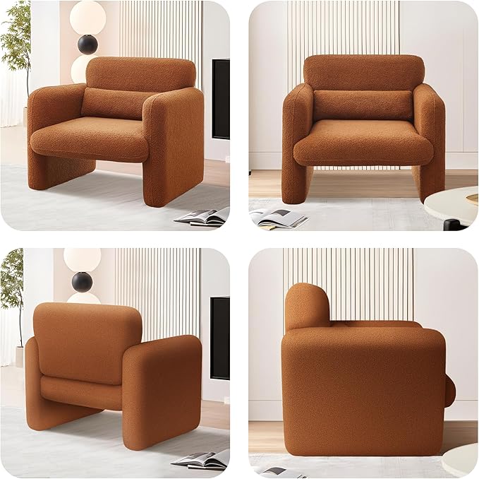 Modern Accent Single Sofa Chair with Arms Lamb Fabric Upholstered Comfy Reading Arm Chair for Bedroom Living Room-Beige