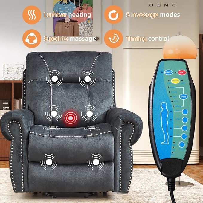CANMOV Power Lift Recliner Chair with Massage and Heat Soft Fabric Massage Recliner for Elderly Overstuffed Single Reclining Sofa Vintage Rivet Mid-Century Design for Living Room Grey