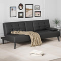 JAMFLY Futon Sofa Bed 64 Small Futon Couch with Adjustable Backrest 3-Angle Recliner Detachable Armrests with Cup Holders for Small Spaces Living Room Apartment Study Room (Black Leather)