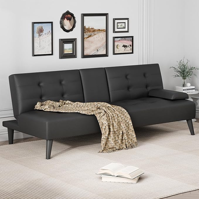 JAMFLY Futon Sofa Bed 64 Small Futon Couch with Adjustable Backrest 3-Angle Recliner Detachable Armrests with Cup Holders for Small Spaces Living Room Apartment Study Room (Black Leather)