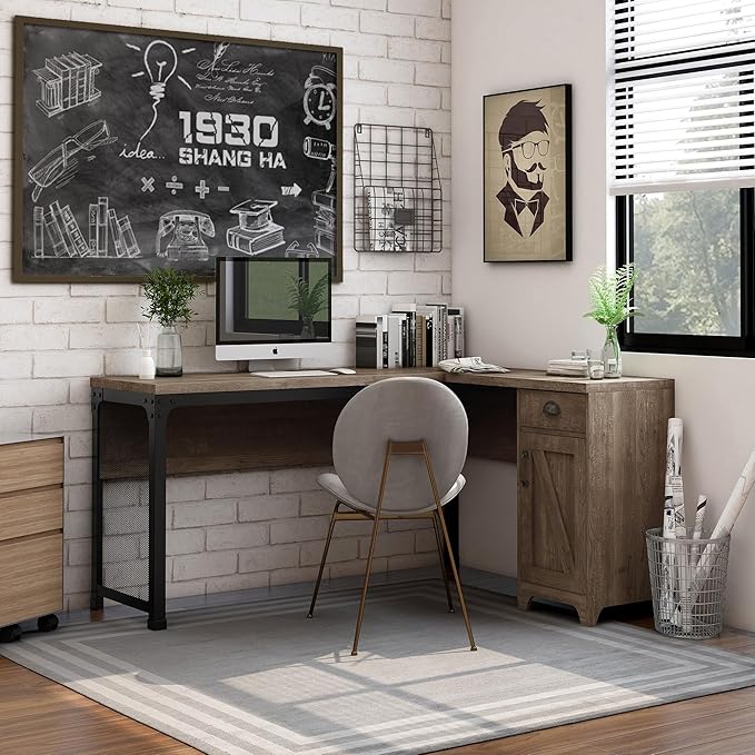 24/7 Shop at Home Holbrook Traditional 1 Drawer Wood L-Shaped Computer Desk with 2 Adjustable Shelves 1 Cabinet Door for Workstation Home Office Study Room Oak Brown