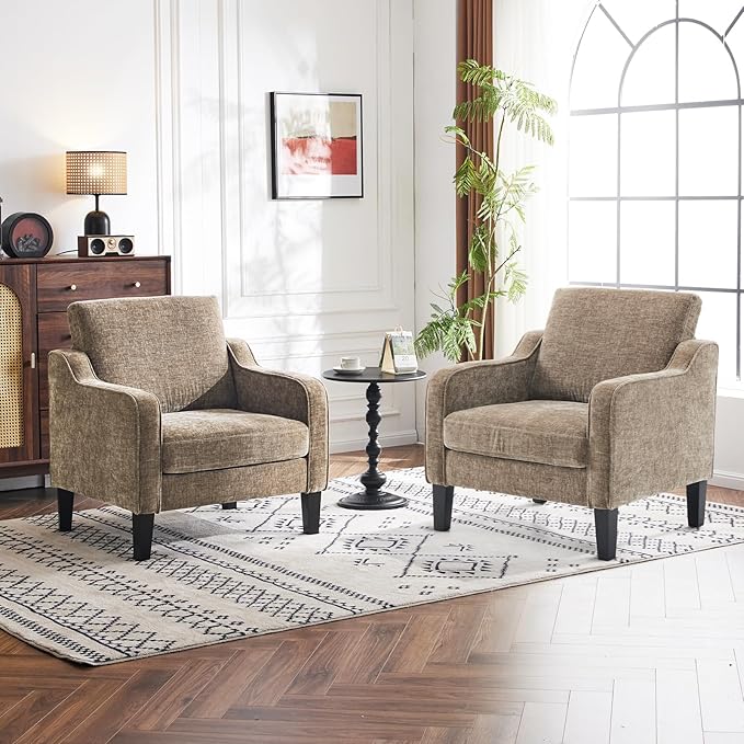 VINGLI Accent Chairs for Living Room Mid Century Modern Chair Chenille Sofa Chair Upholstered Arm Chair with Scooped Arms for Bedroom Home Office Apartment