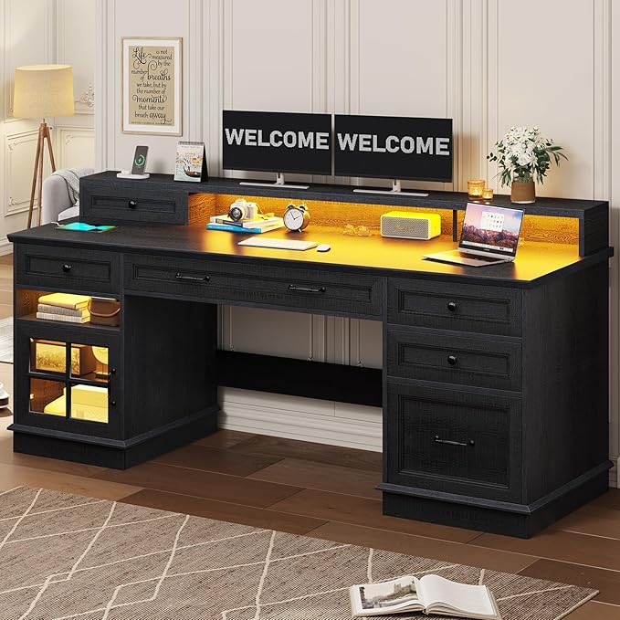 BTHFST 59.1 Executive Desk with File Drawer Home Office Desk with Charging Station &amp LED Lights Computer Desk with Drawers &amp Storage Cabinet Executive Office Desk with Monitor Stand Black