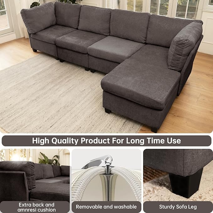 L Shaped Sofa Modern Sofa Modular sectional Cloud Couch with 1 Ottomans 5-seat Chenille deep-seat with Storage and 6 Pillows for Living Rooms bedrooms and Apartments (Coffee)