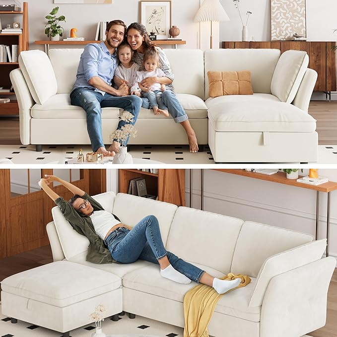 IDEALHOUSE 97 Modular Sectional Sofa L-Shaped Modular Couch with Storage 4-Seater Comfy Cloud Couch with Movable Ottoman Deep Seat Modern Sectional Couches for Living Room Bedroom Beige