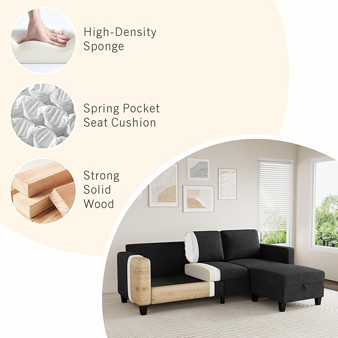 Sectional Sofa and Couches for Living Room 78'' Black 3 Seat L-Shaped Couch with Movable Ottoman Comfy Velvet Convertible Sectionals Sofas with Chaise for Apartment Dorm Small Space