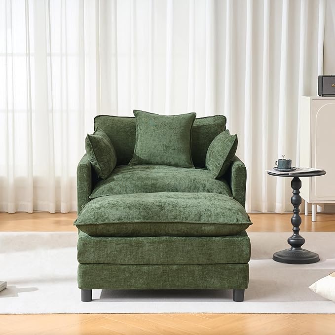 KEIKI Oversized Armchair with Ottoman Chenille Upholstered Sofa Bed Wide Accent Chair Perfect for Living Room Bedroom Apartment Green