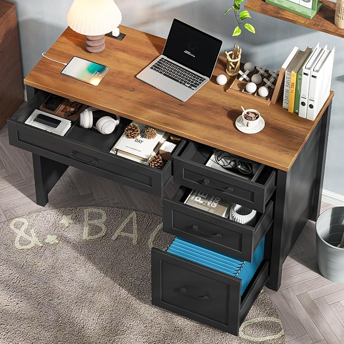 Farmhouse 47 Executive Desk with 4 Drawers Computer Desk with File Drawer and Charging Station Workstation for Home Office Study.Black Brown