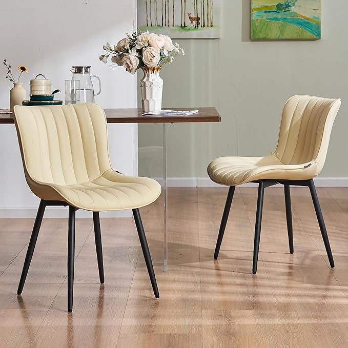 YOUNUOKE Mid-Century Modern Dining Chairs Set of 2 Beige PU Leather Upholstered Kitchen Chairs with Black Metal Legs Armless Accent Chair for Dining Room Guest Reception Room