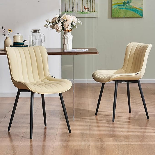 YOUNUOKE Mid-Century Modern Dining Chairs Set of 2 Beige PU Leather Upholstered Kitchen Chairs with Black Metal Legs Armless Accent Chair for Dining Room Guest Reception Room