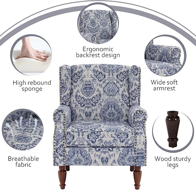 Lumibee High Back Accent Chair Set of 2 Armchair in FabricComfy Upholstered Wingback Single Sofa Reading Chairs with Solid Wood Legs for Living RoomBedroomOffice-Navy