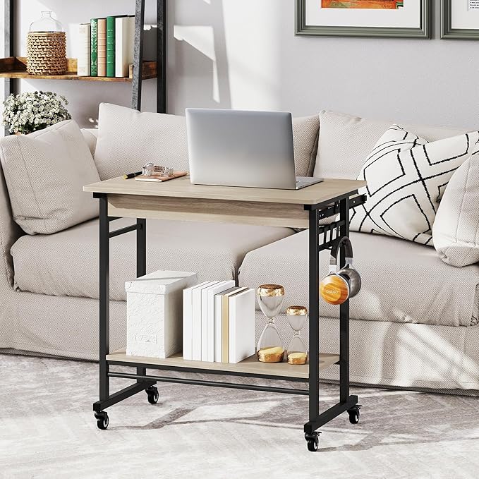 Tangkula Rolling Computer Desk Cart with Keyboard Tray Mobile Portable Laptop PC Desk with CPU Stand &amp 3 Hooks for Sofa &amp Bed Compact Small Desk on Wheels for Small Spaces (Grey)