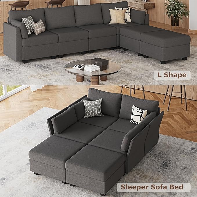 114.17 Modular Sectional Sofa 6 Seat Modular Couch with Storage Memory Foam Convertible Sectional Couches for Living Room U Shaped Comfy Modular Sofa with Chaise Dark Grey