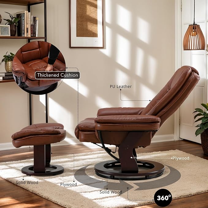 Argus Swivel Recliner with Ottoman PU Leather &amp Wood Base Reclining Chair with Footrest Ultra-Plush Double Foam for Living Room Bedroom and Office Set of 1