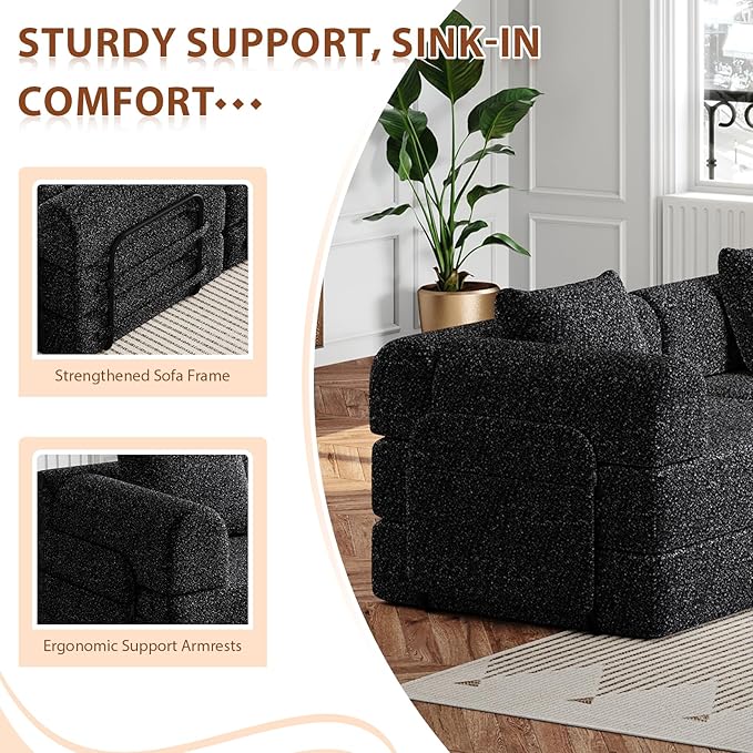 Convertible Sofa Bed 72.4+ 72.4 Sectional Couch 4-Seater with Storage Pockets Modular Sleeper Couch Chenille Folding Floor Boneless Lounge Sofa for Living Room Guest Room Black