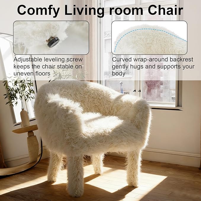 Modern Faux Fur Accent Chair with Solid Wood Frame Comfy Living Chair Cozy Furry Lounge Chair Upholstered Armchair for Living Room Bedroom Vanity Reading Nook (Ivory)