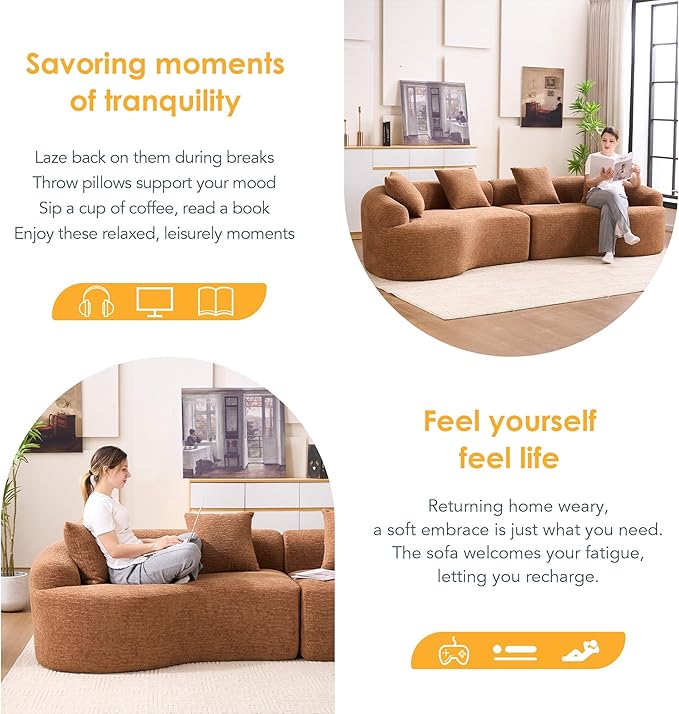 Oversized Sectional Sofa for Living Room 110 Modern Luxury Chenille 4-Seater Extra Deep &amp Wide Seat Curved Cloud Couch with 4 Throw Pillows No Assembly Needed Cream Camel