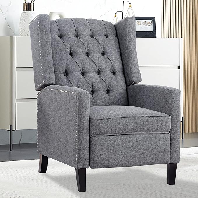 Gray Recliner Chair for Adults Accent Wingback Chairs Living Room Chair Mid-Century Modern Fabric Recliner Button Tufted Club Chair Upholstered Reclining Reading Arm Chair 27