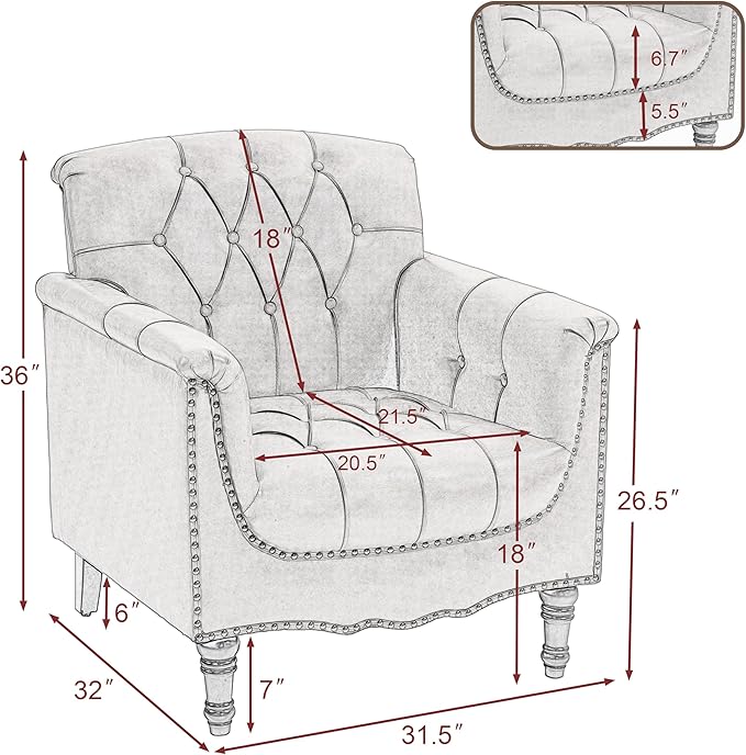 Pia Ricco Modern Tufted Accent Chair Single Faux Leather Armchair with Nailhead Trim &amp Wood Legs Comfortable Upholstered Seat for Living Room Office - Beige