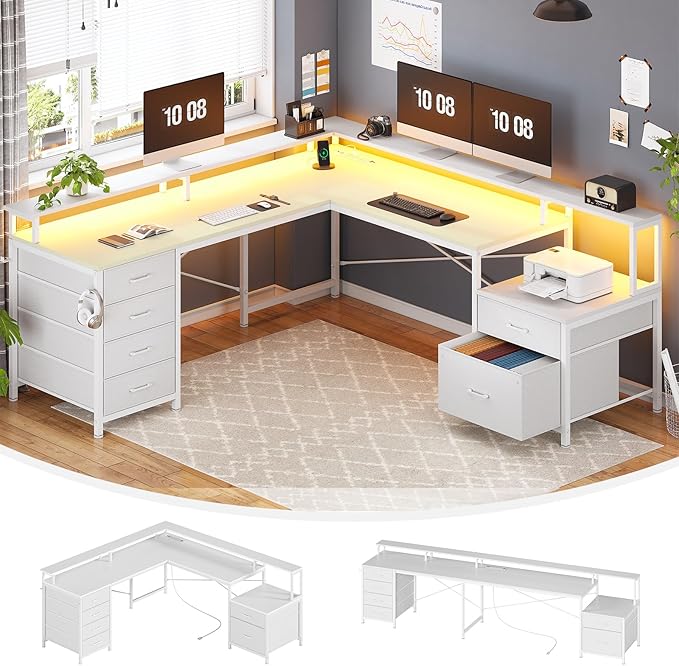 SEDETA L Shaped Desk with 6 Drawer 108 Home Office Desk with File Drawer &amp Power Outlet Corner Computer Desk with Monitor Shelf File Cabinet Two Person Desk Gaming Desk with Led Lights Whit