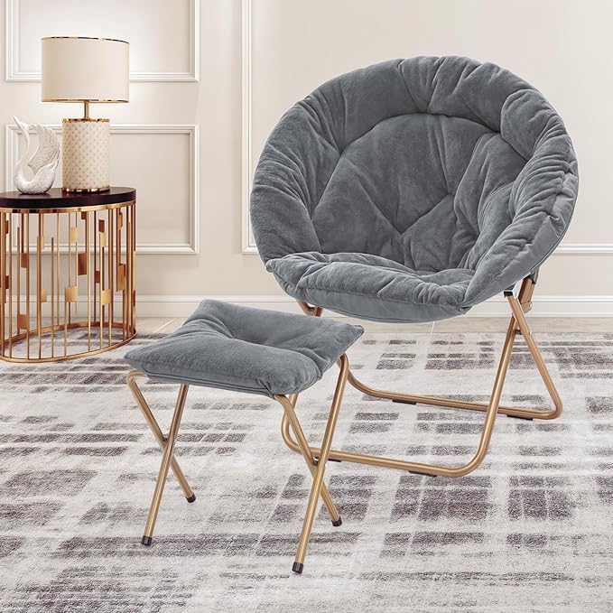 MoNiBloom Round Folding Faux Fur Saucer Chair for Bedroom Living Room Dorm Foldable Metal Frame Oversized Large Comfy Furry Padded Soft Cozy Moon Chair with Footrest Ottoman for Adults (Gray)