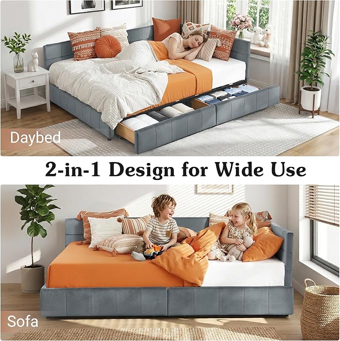 Queen Corner Bed Frame with Storage Drawers Modern Velvet Upholstered Sofa Day Bed Frame with Wood Slats for Living Room Bedroom Guest Room No Box Spring Needed Grey