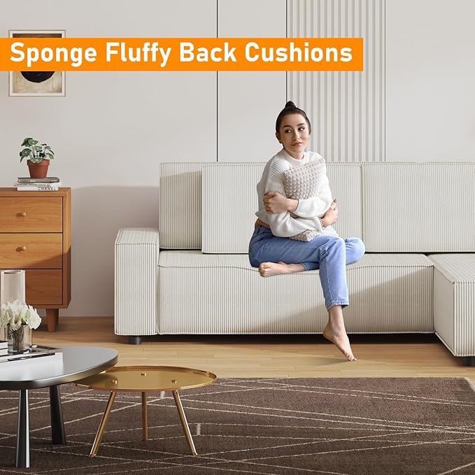 GAOMON Fine Stripe Corduroy Sectional Sofa l Shaped Modern Corduroy Couch Comfy Sofa Couch with Deep Chaise for Living Room Apartment Hotel 96 w*61 d*32 h Beige