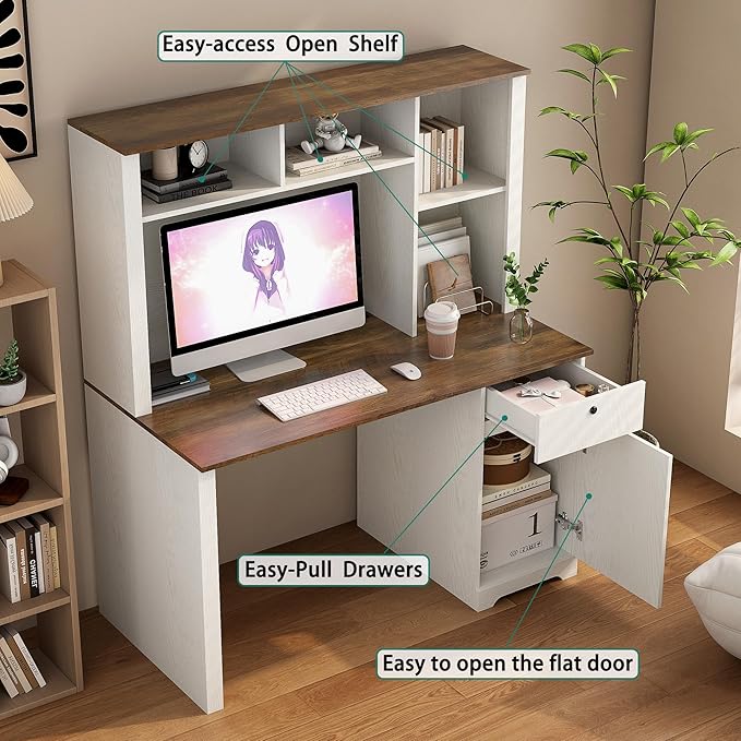 Computer Desk with Hutch BookshelfWood Executive Desk Teens Student Desk Writing Laptop Home Office Desk with Drawers3 AC Outlets and 2 USB Charging PortsStudy Laptop Table for Home