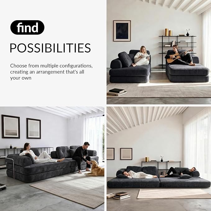 104 Modular Sofa Bed 8-in-1 Convertible Sectional Couch with High Resilience Sponge &amp Oversized 3 Cushions – Modern Boneless Design for Living Rooms &amp Apartments (Dark Gray 104'')