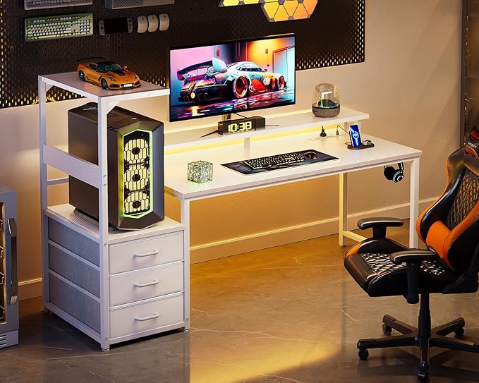 Casaottima 59 Inch Gaming Desk with USB Charging Ports &amp LED Light - Reversible Computer Desk with 3 Fabric Drawers Monitor Stand CPU Stand and Side Hook Modern Office Desk White