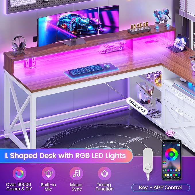 SEDETA Farmhouse L Shaped Desk 55 Home Office Desk with Drawers and Storage Shelves L Shaped Gaming Desk with LED Lights Power Outlet and Monitor Shelf Brown