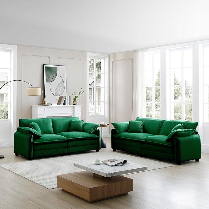 Aoowow 2 Pieces Modular Sectional Sofa Set of Loveseat CouchModern Corduroy Comfy Cloud Deep Seat Couches Set with 4 Throw Pillows and 4 Arm Pillows for Living Room Apartment(Green)