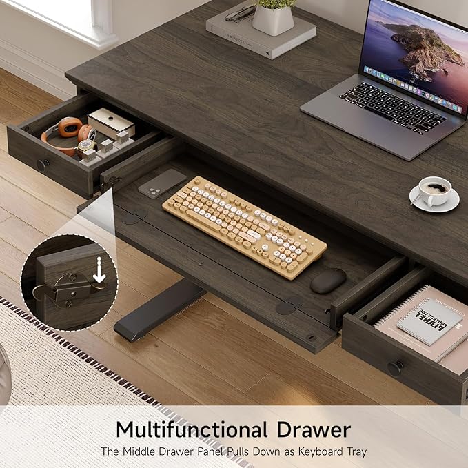 ONBRILL Standing Desk with Drawers 55 x 23 Inch Electric Height Adjustable Desk with Storage &amp Outlets for Computer Workstation Home Office Retro Curved Table Corner Design Dark Walnut