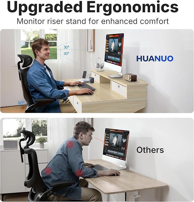 HUANUO 48 x 24 inch Electric Standing Desk with 5 Drawers Adjustable Height Sit Stand Home Office Desk C-Clamp Mount Compatible Ergonomic Stand up Desk with 4 Preset Heights Natural
