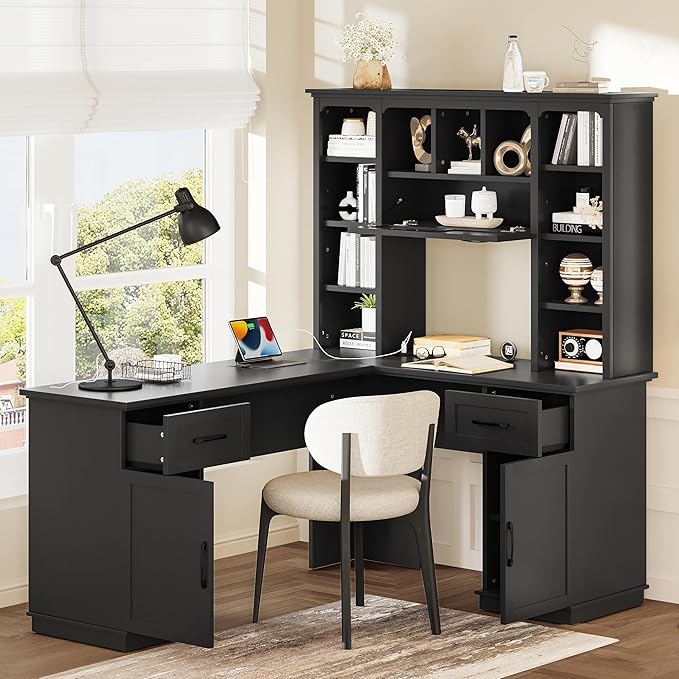 L-Shaped Executive Desk Writing Desk Office Study Workstation with Storage Cabinets and Bookcases Wood Home Office Computer Desk for Living Room Study Room (Black-11.8)