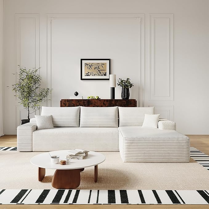 108’’Cloud Couch Sectional with L-Shape Chaise Modern Modular Sectional Sofa Boneless Couch with Deep Seat Modern Upholstered Couches for Living Room (White 108''W Right Facing Chaise)