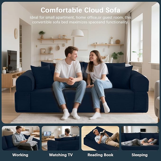 83 Modern Sofa in a Box No Assembly Oversized 3 Seater 28 Deep Seat Cloud Sofa Bed Couch with 4 Furry Pillows &amp Corduroy Fabric Boneless Couch with Side Storage Pockets for Living Room Navy B