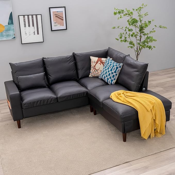 Panana Sectional Sofa 5 Seater L Shape Corner Chaise Sofa for Apartment with Built in USB Port Chaise (Black Artificial Leather 5 Seats Corner Sofa with Built in USB Chaise)