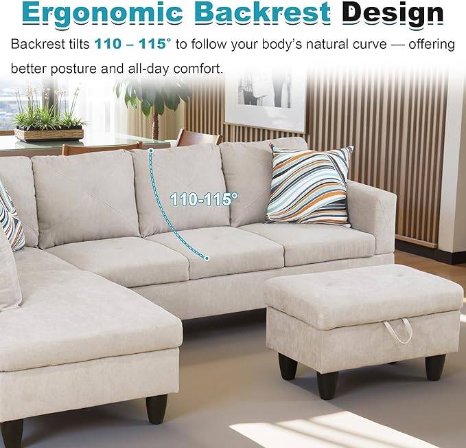 97 Oversized Sectional Couch L Shaped Couch with Storage Ottoman Modern Modular Sofa with Deep Seat Sectional Couches for Living Room and Office Off-White (Flannelette)