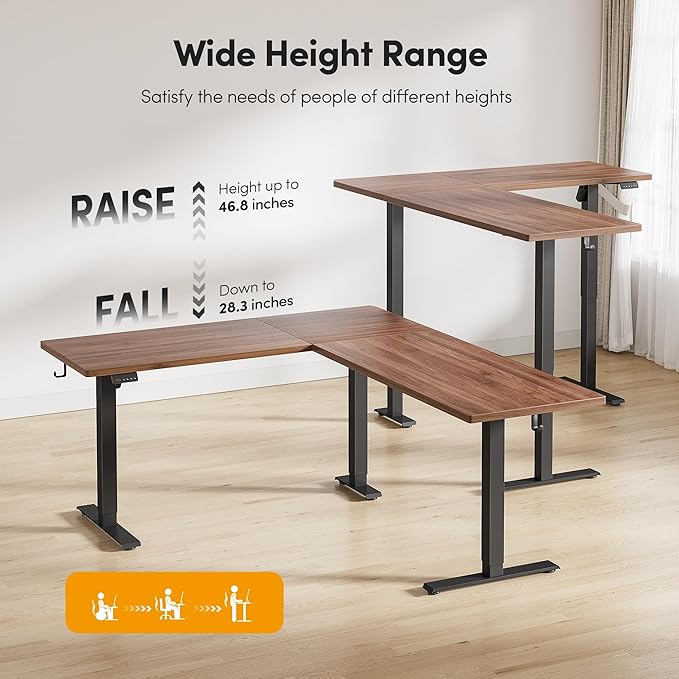 CubiCubi L Shaped Standing Desk 75 x 63 Inch Adjustable Height Electric Corner Desk Sit Stand Home Office Desk with Splice Board Black Walnut(2 Packages