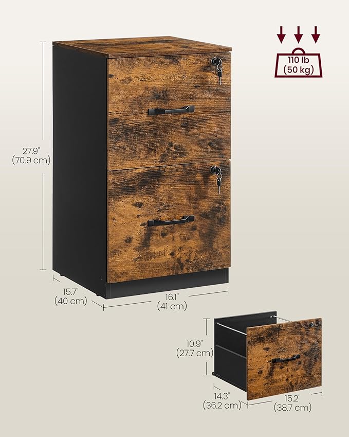 VASAGLE 2 Drawers File Cabinet with Lock Printer Stand Office Filing Cabinet Organizer for A4 and Letter Size Documents Rustic Brown and Ink Black UOFC061B01