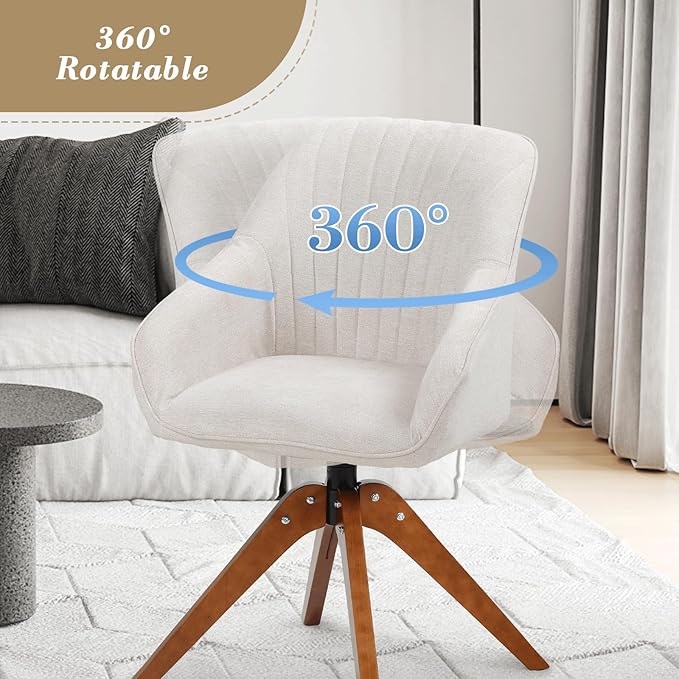Athena Collection Swivel Modern Accent Chair Linen Upholstered Armchair Office Desk Chair No Wheels with Wooden Legs Comfy Vanity Chair Reading Chair for Bedroom Living Room Office White