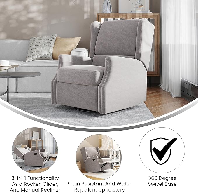 Flash Furniture Omma Swivel Glider Rocking Recliner Manual Wingback Recliner with 360 Degree Swivel for Living Room Bedroom or Nursery Upholstered Light Gray